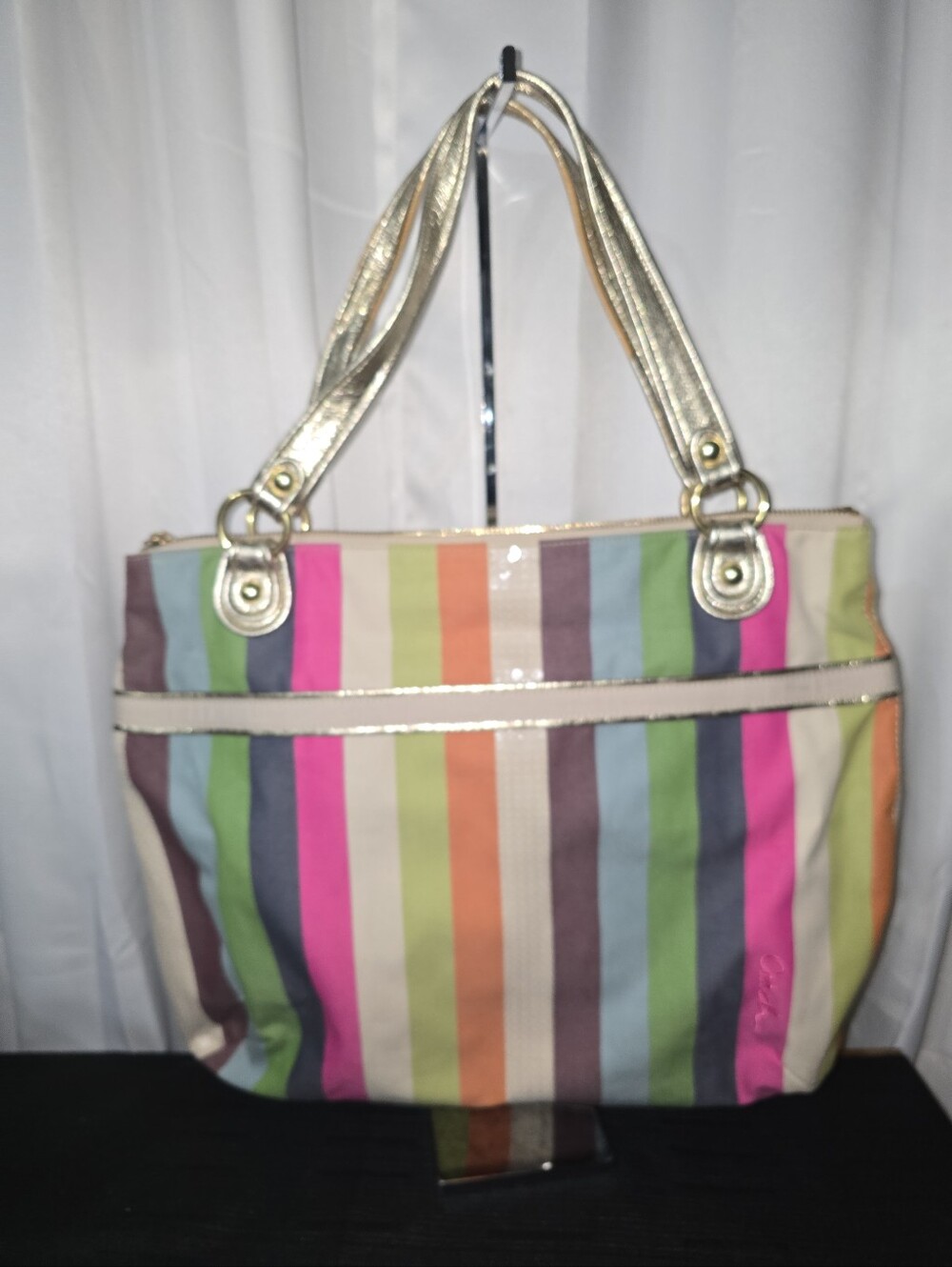 COACH  19021 Multicolor Striped Tote Bag  Gold Handles STRAP